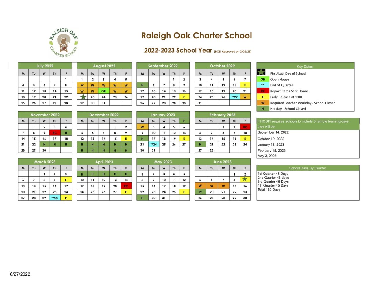 School Year Calendar - Raleigh Oak Charter School